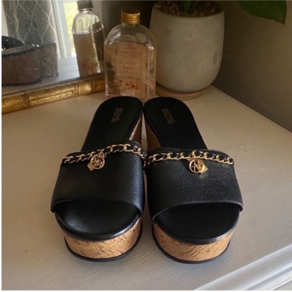 Black Platform Slide Sandals with Gold Chain Genuine Leather - Picture 1 of 3